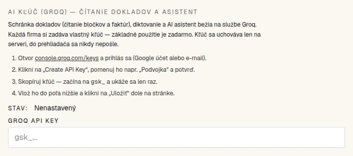 Sekcia AI kľúč (Groq) v nastaveniach firmy: krátky postup, stav Nenastavený a prázdne pole Groq API key.