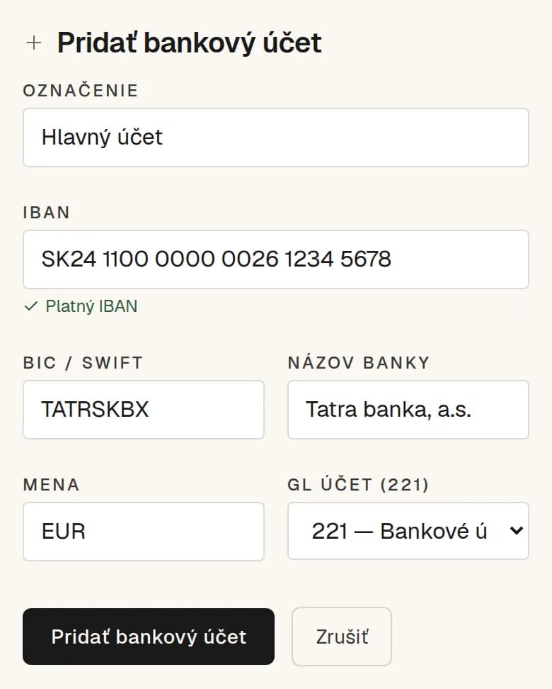 Formulár Pridať bankový účet na mobile: označenie, IBAN s potvrdením Platný IBAN, BIC, názov banky, mena a účet 221.