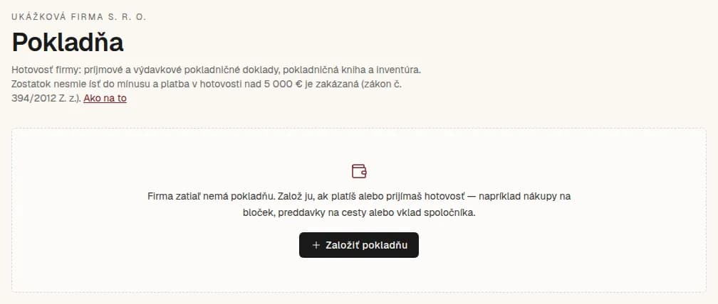 Stránka Pokladňa pre firmu bez pokladne: vysvetlenie a tlačidlo Založiť pokladňu.
