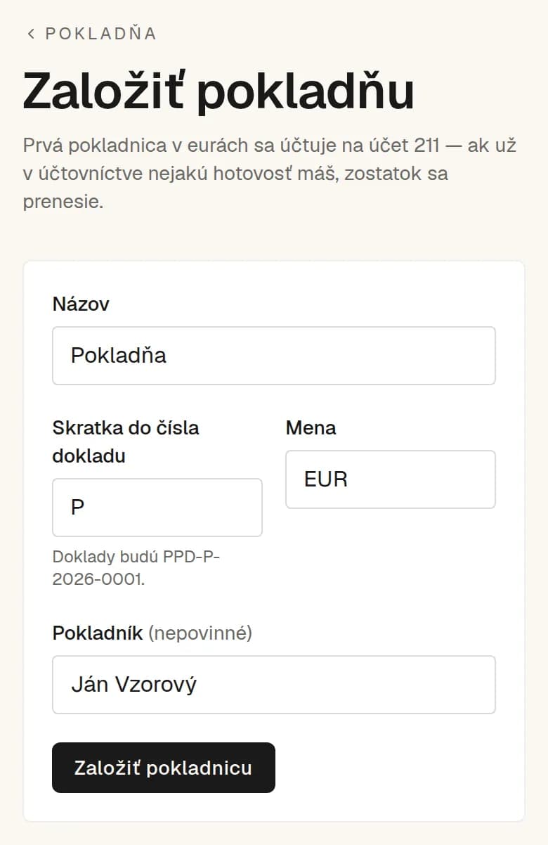 Formulár Založiť pokladňu na mobile: názov Pokladňa, skratka do čísla dokladu P, mena EUR a meno pokladníka.