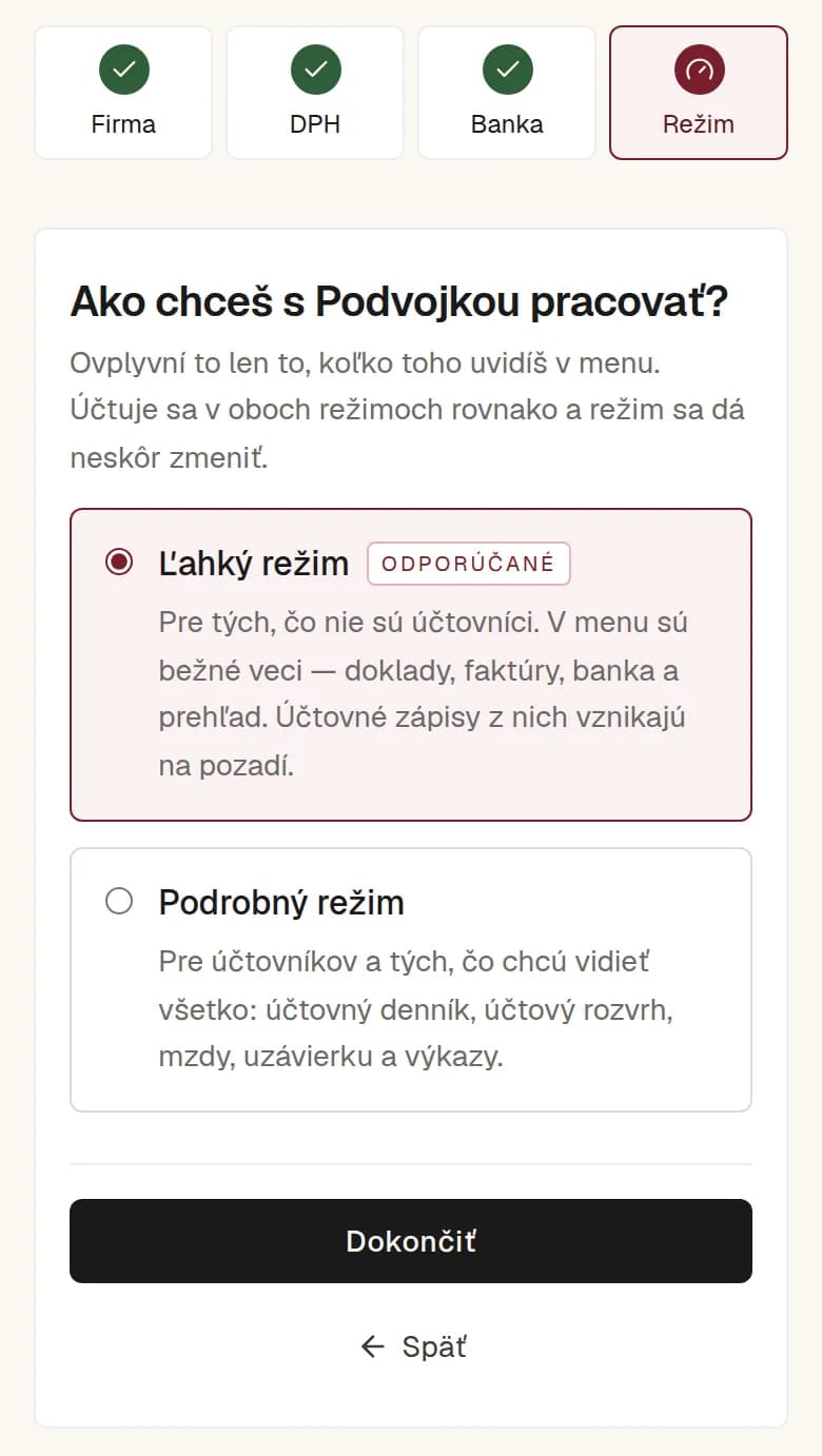 Posledný krok sprievodcu: výber medzi ľahkým režimom (odporúčané) a podrobným režimom a tlačidlo Dokončiť.